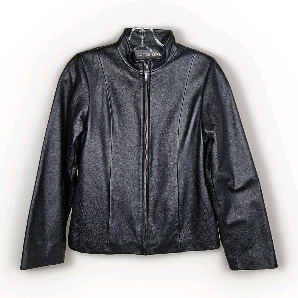 Copper Key Womens L Leather Jacket Black Full Zip Minimalist Biker Soft Band